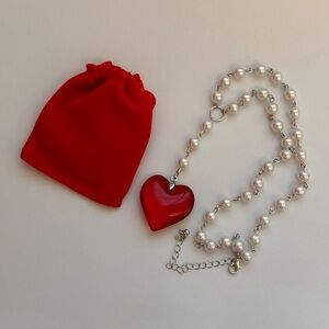 Pearl Necklace  with Red Glass Heart Pendant New Chunky 3D Crystal